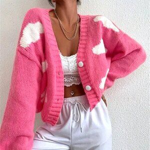 ONE SIZE HOT PINK CROPPED CARDIGAN WITH WHITE BUTTONS AND CLOUDS KNIT IN V-NECK